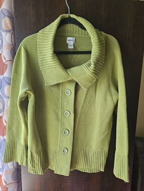 Chico's Bright Green Button-Front Ribbed Collar Cardigan Plus Size 3